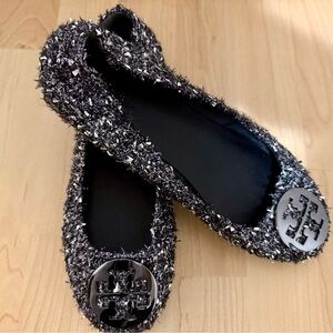 Tory Burch Black and Silver Glitter Flats